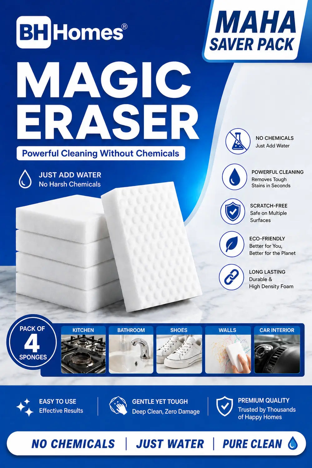 Magic Eraser Cleaning Sponge – 4 Pack | Multi-Surface Stain & Scuff Mark Remover