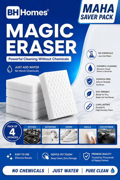 Magic Eraser Cleaning Sponge – 4 Pack | Multi-Surface Stain & Scuff Mark Remover